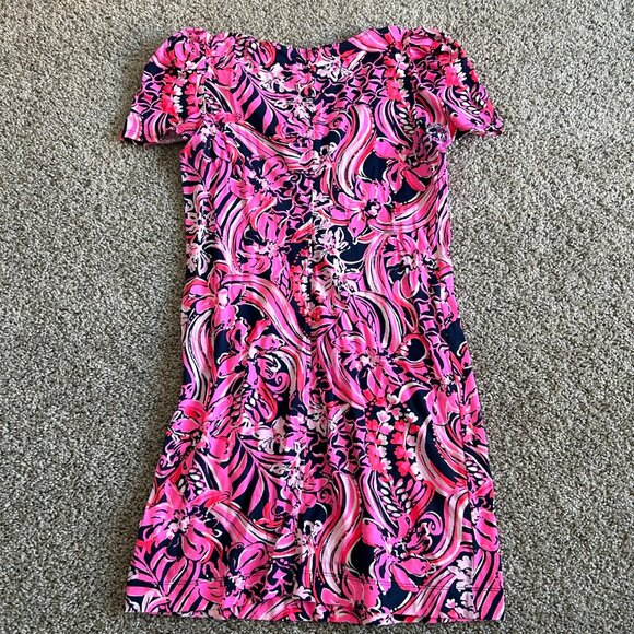 Lilly Pulitzer Womens Sz M Pink & Navy Floral V-Neck Short Sleeve Dress - Picture 5 of 10